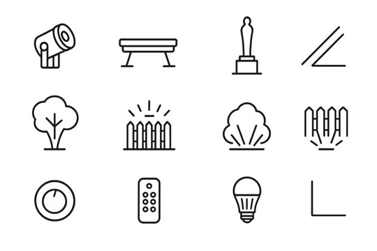 Accent Lighting Icons. Accent lighting. Line icon set of accent lighting: spotlight, uplight, wall washer, garden sculpture, tree, fence, shrub, light beam,
