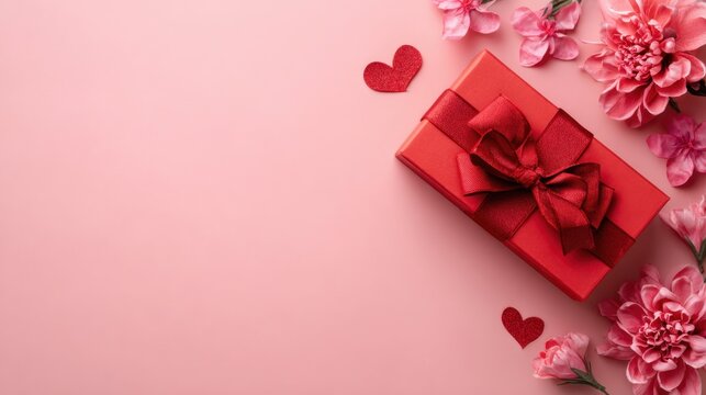 Gift box with red ribbon on pink background surrounded by flowers and hearts - Powered by Adobe