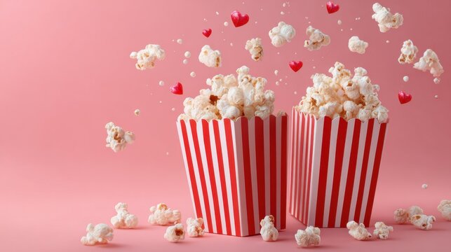 Two striped popcorn boxes burst with popcorn and hearts on a pink background for a playful movie night