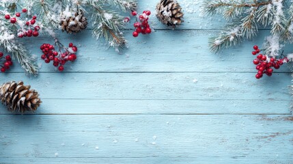 Winter holiday scene with blue wood background pine branches berries and pinecones