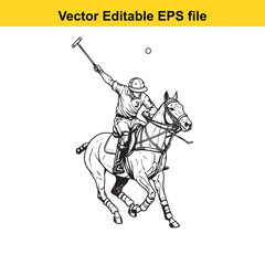 A captivating black and white vector illustration depicting a polo player in full swing, riding a horse and aiming for the ball with a mallet