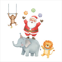 Santa Claus at Circus with Animals Watercolor Vector Isolated on White Background
