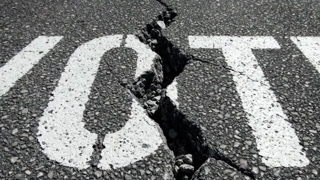 Large crack splitting white painted vote text on dark asphalt road surface symbolizing political division and broken democracy during election season for social conflict and crisis concepts