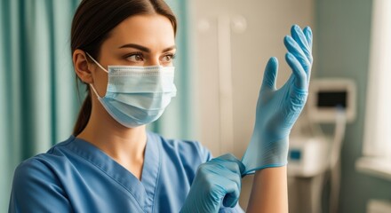Nurse Putting On Blue Medical Gloves In Hospital Room