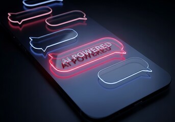 illuminated speech bubbles with a glowing ai powered message layered over a dark reflective surface representing digital communication