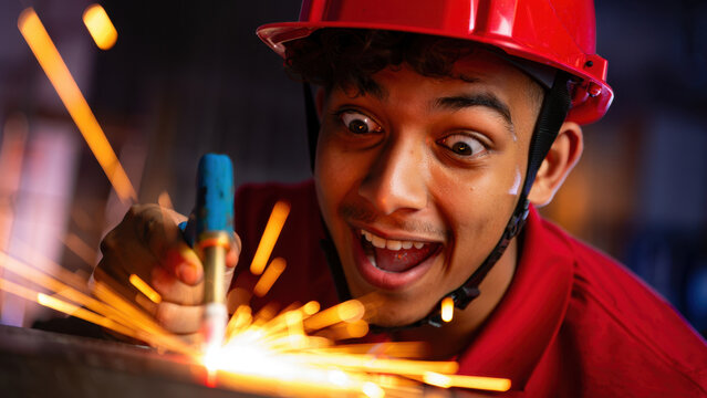 Shocked worker in red uniform and helmet holding gas torches with sparks flying, funny and dangerous moment, concept of workplace safety, hazard, mistake, risky situation at work