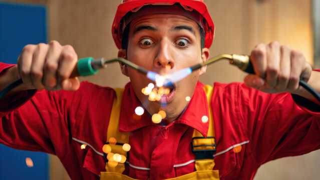 Inexperienced worker in red uniform and helmet using welding torch with surprised face and flying sparks, unsafe handling, concept of workplace hazard, lack of training and safety awareness