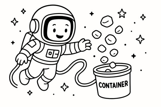 Zero-Gravity Pebble Gathering. Zero-gravity excavation children?s coloring book illustration, outlined drawing, tethered astronaut guiding floating pebbles - Powered by Adobe