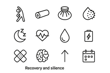 Recovery Icons Set. Recovery and resilience. Line icon set of recovery and resilience: stretching figure, foam roller, ice pack, massage ball, sleep moon,