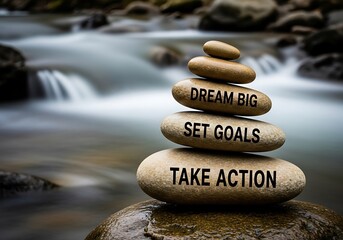 a serene composition featuring stacked stones with motivational phrases like dream big set goals and take action over flowing water