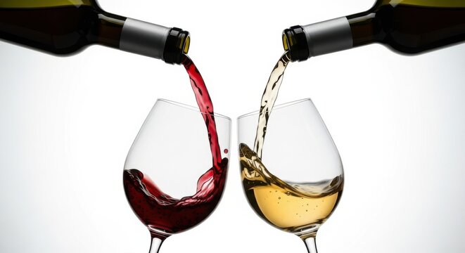 Red and white wine pouring into glasses