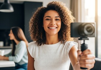 a young woman with curly hair cheerfully records a vlog with a smartphone in a bright modern office setting while a colleague