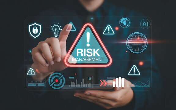 Businesswoman interacting with digital risk management hologram interface on dark background, representing futuristic data security concept. Diagram - Powered by Adobe