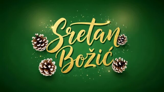Elegant Sretan Bozic greeting with golden calligraphy and Christmas pine cone decoration, festive design for holiday season