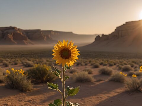 A lone flower stands in the middle of a vast desert. This scene is a symbol of hope and resilience.