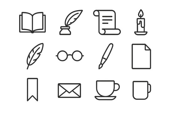 Literature Icon Set. Literature. Line icon set of Literature: open book, quill, inkwell, scroll, candle, feather, glasses, pen, page, bookmark, letter, cup.