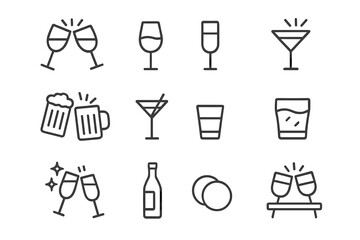 Party Drink Icons. Party clink. Line icon set of party clink: clinking glasses, wine glass, champagne flute, cocktail glass, beer mug, martini glass, shot