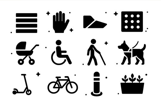 Pedestrian Icon Set. Pedestrian crosswalk and sidewalks. Solid icons set of Pedestrian crosswalk and sidewalks: zebra crosswalk, walk signal hand, curb ramp,