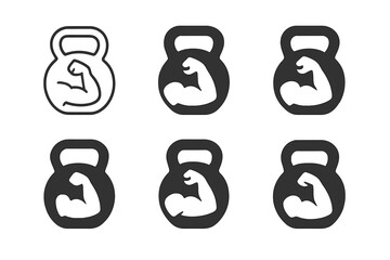 Muscle Logo Variations. Muscle building. Icon set. Set Logo of Muscle building: Kettlebell. harmonious logo variations of the same emblematic concept, each