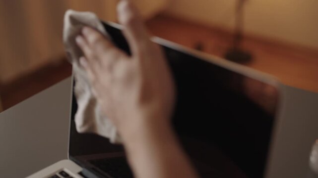 Unrecognizable person wiping dusty laptop screen with microfiber cloth after spraying cleaning solution, promoting hygiene and proper electronic device maintenance for optimal performance, closeup. - Powered by Adobe