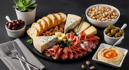 Delicious charcuterie board with cheese, meat, and olives