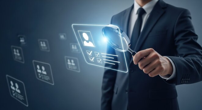 Businessman Inspecting Candidate Profile with Magnifying Glass