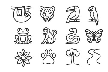 Fototapeta premium Tropical Animal Icons. Tropical animals. Line icon set of Tropical animals: sloth, jaguar, toucan, macaw, tree frog, monkey, snake, butterfly, exotic flower,