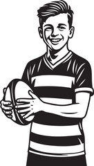A smiling young boy in a striped shirt holding a rugby ball, black and white illustration.