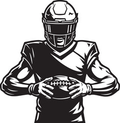 Black and white illustration of an American football player holding the ball.