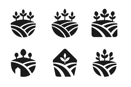 Multi-Cropping Logos Grid. Multi-Cropping Systems. Icon set. Set Logo of Multi-Cropping: farm with multiple plant rows. harmonious logo variations of the same