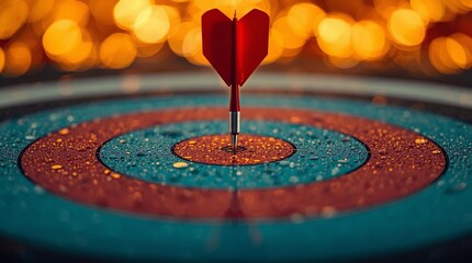 Red dart perfectly hitting the bullseye on a wet archery target with water droplets and warm golden bokeh lights, symbolizing precision, focus, determination and successful goal achievement