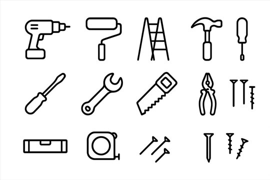 Home Improvement Tools. Home improvement. Line icon set of Home improvement: drill, paint roller, ladder, hammer, screwdriver, wrench, saw, pliers, level, tape