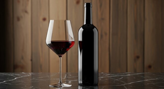 Elegant Red Wine Bottle and Glass on Marble Surface