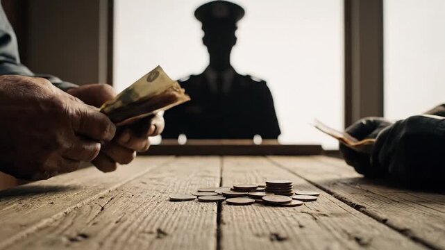 Clandestine money exchange between two individuals at a rustic wooden counter with a uniformed silhouette in the background suggesting an illicit transaction