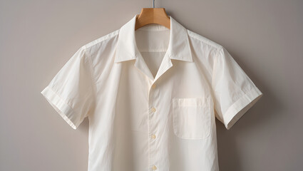 Cream White Short-Sleeve Camp Collar Shirt Hanging on Grey Background