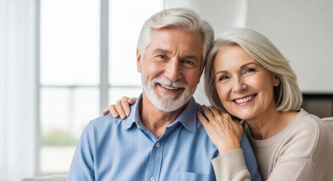 Happy senior couple smiling and embracing with love - Powered by Adobe