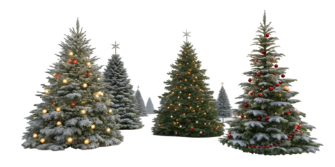 collection of christmas trees in the snow isolated on white background, png, ai generated.