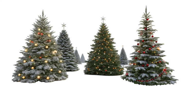 collection of christmas trees in the snow isolated on white background, png, ai generated.