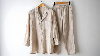 Cozy Linen Blend Pajamas Set in Beige Hanging Against White Wall
