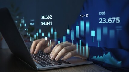 Hands typing on laptop overlaid with glowing candlestick charts and financial data, representing market analysis and crypto trading concept. Business