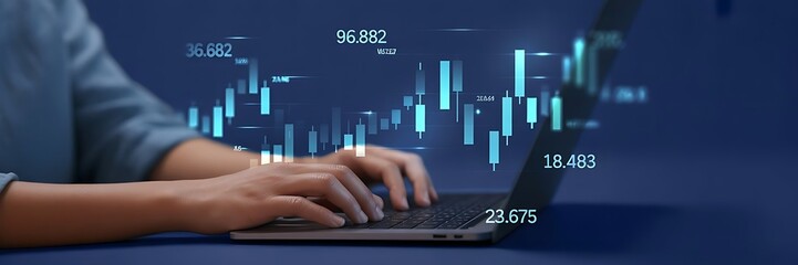 Hands typing on laptop overlaid with glowing candlestick charts and financial data, representing market analysis and crypto trading concept. Business