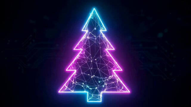 Changing color electric wireframe Christmas tree on dark abstract background with circuit board elements, loop animation