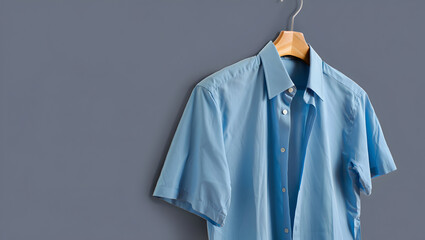 Casual Blue Short Sleeve Button-Up Shirt Hanging