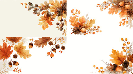 Warm autumn themed watercolor corners with fall leaves, acorns, berries, and dried foliage in earthy tones, ideal for seasonal invitations and harvest inspired designs.