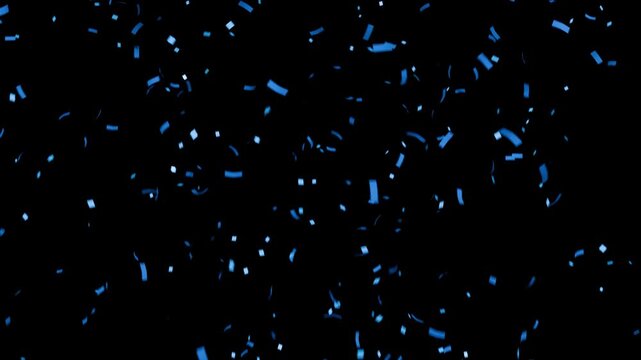 falling blue confetti pieces on black background, birthday confetti, celebratory confetti pieces