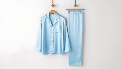 Luxurious Light Blue Satin Pajamas Set with White Trim