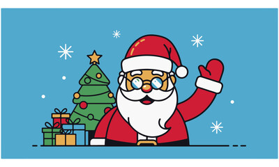 Happy Santa Claus Waving Hello with Christmas Tree and Stack of Presents on a Snowy Blue Background – Festive Holiday Greeting Card and Winter Season Celebration Cartoon Illustration.