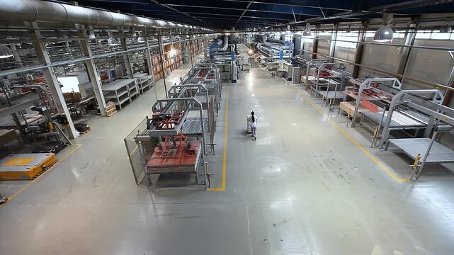 Automatic laser guided vehicle LGV for handling. Ceramic tile manufacturing plant. A production or conveyor line at a ceramic and porcelain tile factory. Manufacturing process of ceramic tiles. Inside