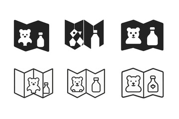 Souvenir Icon Set. Travel souvenirs. Icon set. Set Logo of travel souvenirs: map with keepsakes. harmonious logo variations of the same emblematic concept,