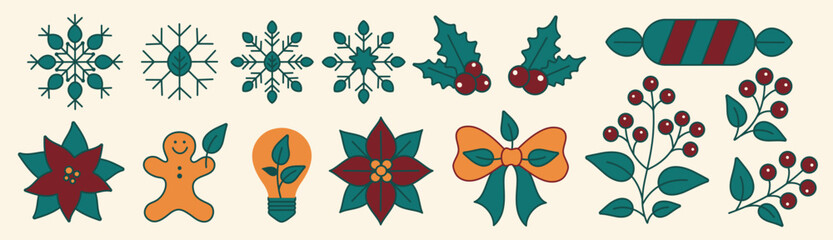Vector flat art set featuring Christmas and holiday elements including snowflakes, holly, poinsettia flowers, berries, a gingerbread man, light bulb, bow, and candy in festive green, red, and orange.